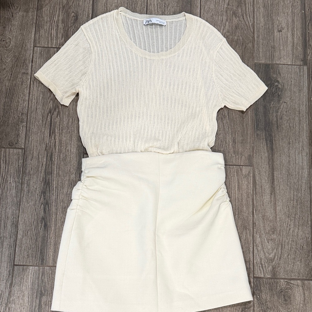 NWT Zara Ivory Textured Top and Ruched Skirt Set
